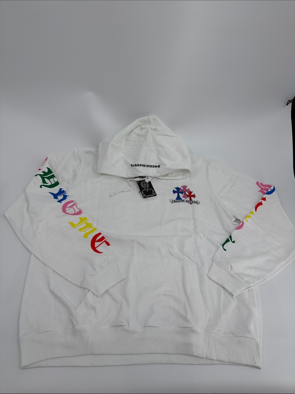 Chrome White Hooded Sweatshirt with Multicolor Sleeve Graphics